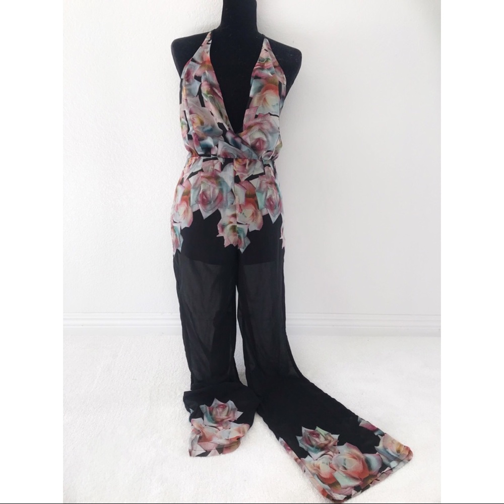 Spring Halter Jumpsuit with Cascading Floral Print